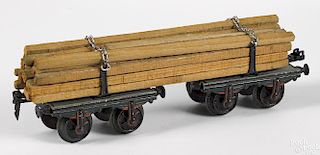 Marklin painted tin tandem lumber train car, gauge 1, 11 1/2'' l.