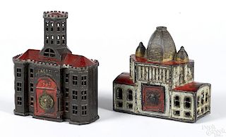 Two cast iron building still banks, to include a Kyser & Rex Tower Bank, 7'' h.