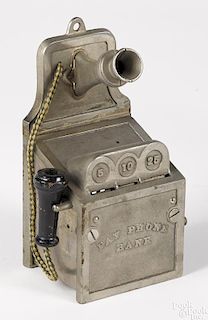 J. & E. Stevens cast iron and tin Pay Phone mechanical bank.Provenance: Max Berry collection