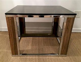 A Rosewood and Lucite Occasional Table, in the style of Milo Baughman. Height 20 x width 26 x depth 20 inches.