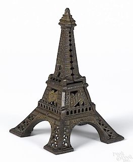 English cast iron Eiffel Tower still bank, 9'' h.