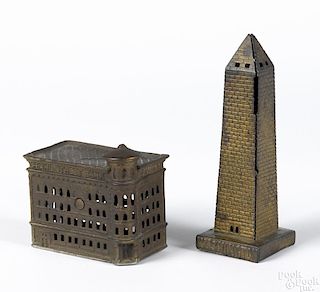 Two cast iron building still banks, to include an A.C. Williams Washington Monument, 7 3/4'' h.