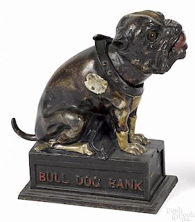 J. & E. Stevens cast iron Bull Dog clockwork mechanical bank.