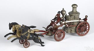 Large Hubley cast iron horse drawn fire pumper with a nickel-plated boiler