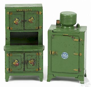 Hubley cast iron green Cabinette and GE refrigerator, 7 5/8'' h. and 7 1/4'' h.