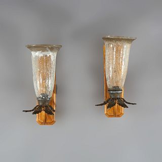 Pair Mid-Century Modern French Style Fleur-de-lis Crackled Glass Wall Sconces
