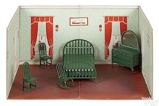 Arcade five-piece cast iron bedroom room suite, with room surround, to include a bed, a dresser