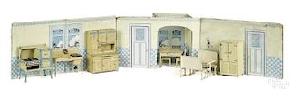 Arcade cast iron ten-piece kitchen set, with partial room surround, to include a stove
