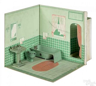 Arcade cast iron four-piece bathroom set, with room surround, to include a tub, a toilet, a sink