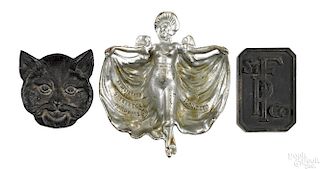 Three cast iron advertising pieces, to include a Kenton Hardware Co. tray with a woman in a dress