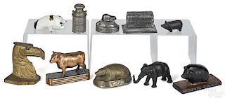 Ten cast iron advertising paperweights and novelties, to include Crane Co. elephant