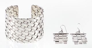 Silver Woven Cuff Bracelet and Earrings