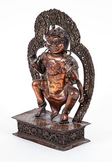 Tibetan Copper Mahakala Deity with Zodiac Shield