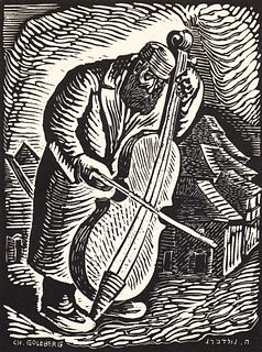 Chaim Goldberg woodblock print Fiddler
