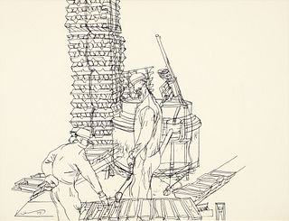 Henry Koerner Construction Workers 1975 Ink Drawing