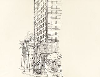 Henry Koerner Downtown Street Vendor Ink Drawing