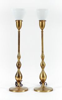 Pr of Gold Tone Brushed Metal Torchiere Table Lamps 
