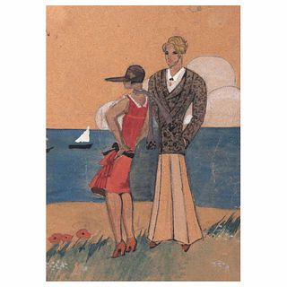 REMEDIOS VARO, Pareja cerca del mar, 1932, Sin firma, Tinta, acuarela y gouache sobre papel, 10 x 7 cm