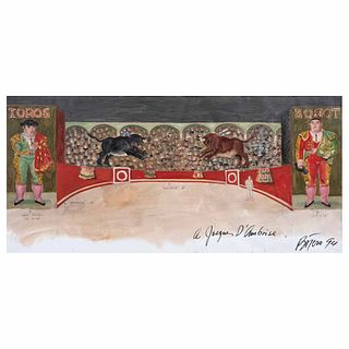 FERNANDO BOTERO, Diseño para telón de fondo de la ópera Carmen, Firmado y fechado 94, Óleo y lápiz de grafito sobre tela, 62 x 131.5 cm