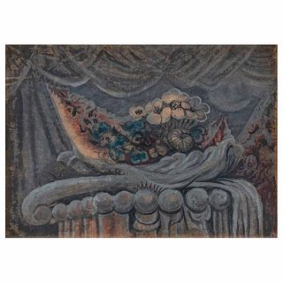 MANUEL GONZÁLEZ SERRANO, Bodegón fantástico sobre columna, siglo XX, Sin firma, Acuarela y gouache sobre papel, 21 x 28 cm