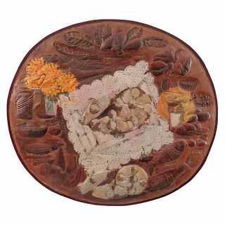 CARMEN PARRA, Ofrenda (homenaje al pan), Firmada, Mixta sobre lámina repujada sobre madera, 89 x 99 cm, Con constancia