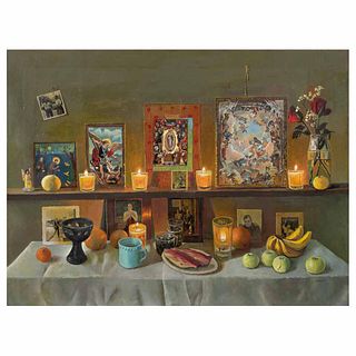ELENA CLIMENT, Altar con fotos y veladoras, Firmado y fechado 2023, Óleo sobre tela, 61 x 81 cm, Con certificado