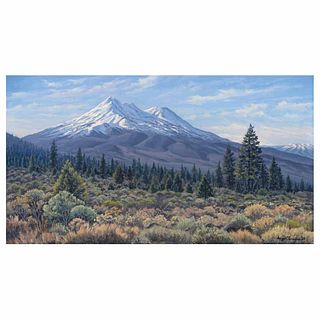JORGE OBREGÓN, Mt Shasta al amanecer, Firmado y fechado 21, Óleo sobre lino, 50 x 90 cm, Con certificado