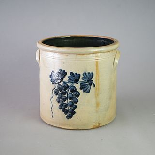 Antique Burlington, VT Salt Glazed Blue Decorated Stoneware Crock with Grapes c1870