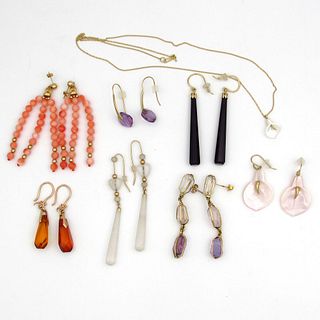 Eight pc 14K Gold Gemstone Jewelry Earrings & Necklace