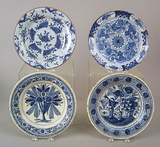 Four English blue and white delft plates, mid 18th