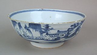 English delft punch bowl, ca. 1735, with blue andh