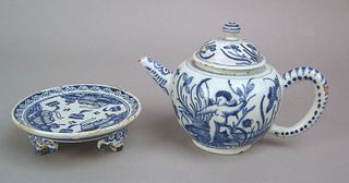 Delft blue and white teapot, possibly Dutch, mid 1