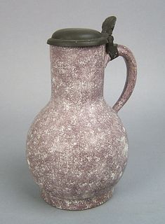 Delft jug, 18th c., with pewter lid and powdered m