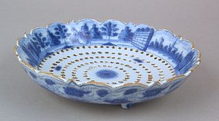 Delft blue and white strainer, early 18th c., thec