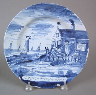 Dutch delft plate with scene of fisherman, inscrib