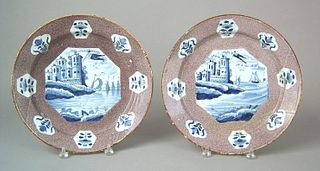 Pair of English, probably Bristol, delft chargers,