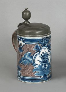 Continental delft tankard, early 18th c., with pew