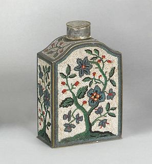 Brass tea caddy, ca. 1800, with applied beaded flo