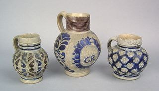 Three German Westerwald mugs, 18th c., one with "G