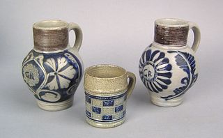 Two German Westerwald mugs, 18th c., with "GR" med