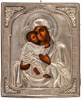 A RUSSIAN ICON OF VLADIMIRSKAYA MOTHER OF GOD IN A SILVER OKLAD, MARKED A CH, MOSCOW, 1890S
