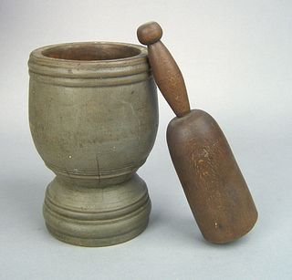 Pennsylvania turned wooden mortar and pestle, late