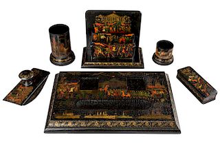 AN EARLY SOVIET AGITLAK DESK SET OF THE GREAT POWERS OF THE STATE, N. ZINOVIEV, PALEKH, 1932-1933