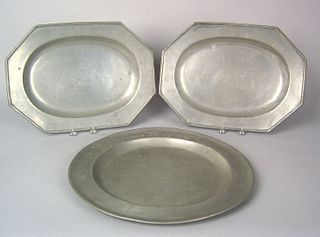 Two English octagonal pewter platters, 19th c., bo