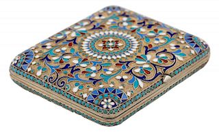 A RUSSIAN GILT SILVER AND CLOISONNE ENAMEL CIGARETTE CASE, MOSCOW, CIRCA 1889