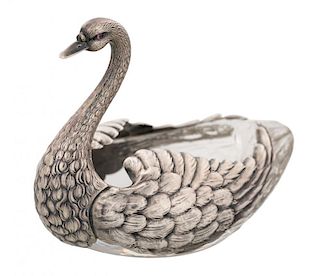A RUSSIAN SILVER SALT CELLAR IN THE FORM OF A JEWELED SILVER SWAN, WITH SPURIOUS FABERGE MARKS