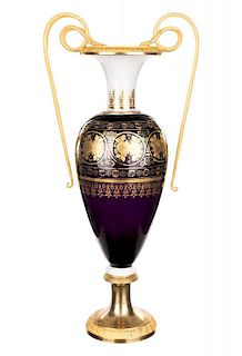 A RUSSIAN EMPIRE MILK AND AMETHYST GLASS ORMOLU-MOUNTED AMPHORA, POSSIBLY RUSSIAN IMPERIAL GLASS FACTORY, ST. PETERSBURG, PER
