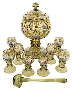 AN ENAMELED GLASS PUNCH SET, POSSIBLY MOSER GLASSWORKS, LATE 19TH CENTURY