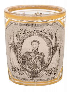 A RUSSIAN GILDED TUMBLER WITH A PORTRAIT OF TSESAREVICH ALEXANDER NIKOLAEVICH, POSSIBLY IMPERIAL GLASS FACTORY, ST. PETERSBUR