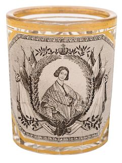 A RUSSIAN GILDED TUMBLER WITH IMPERIAL PORTRAIT OF TSESAREVNA MARIA ALEXANDROVNA, POSSIBLY IMPERIAL GLASS FACTORY, ST. PETERS